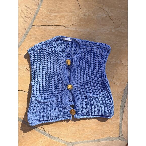 Zara Sweaters - Zara Womens Size Small Blue Knit Button-Down Vest W/ Pockets ES